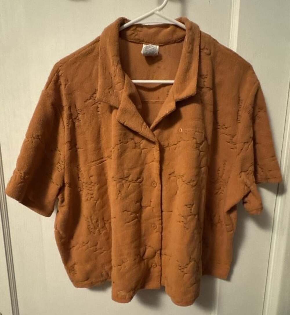 Champion Short Sleeve Button Up Shirt Size XL Brown Terry Jacquard